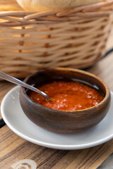 Tomato puree with olive oil on bowl for spread on bread La Palma Spain