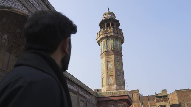 Muslim man in the Mosque in Lahore, Pakistan, Asian Muslims. Slow Motion.