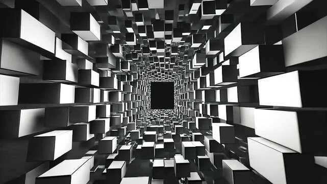 Abstract black and white cube tunnel receding into darkness