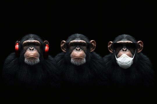 Three wise monkeys. Kikazaru, Iwazaru, Mizaru on a black background. see no evil, hear no evil, speak. A funny and absurd yet cute and funky vibe combines with a motivating challenge no evil