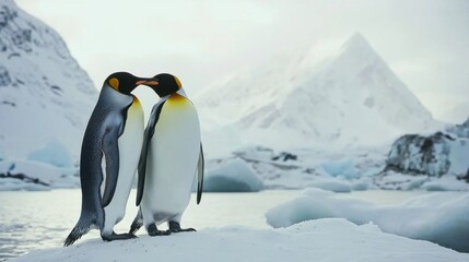 Fototapeta premium King penguin mating couple cuddling in wild nature, snow and ice. Pair two penguins making love. Wildlife scene from white nature. Bird behavior, wildlife scene from nature, South Georgia, Antarctica.