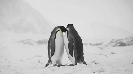 Obraz premium King penguin mating couple cuddling in wild nature, snow and ice. Pair two penguins making love. Wildlife scene from white nature. Bird behavior, wildlife scene from nature, South Georgia, Antarctica.