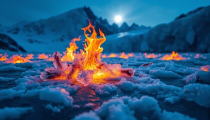 Fototapeta premium Ancient glacier, crystallized flames, transparent cerulean ice, shards of splintered sapphire, weathered face, pale lunar glow, winter solstice night