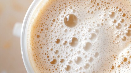 Close-up of frothy coffee surface with bubbles, capturing the creamy texture of a fresh brew.