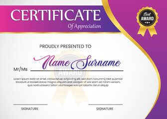 Elegant Purple and Gold Certificate of Appreciation Template, Premium Award Template with Ribbon, Best Award Badge and Customizable Signature Lines