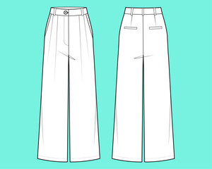  Wide leg pant casual flat sketch outline CAD mockup.