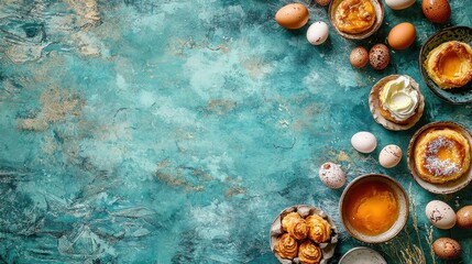 A rustic teal background featu Easter brunch pastries, eggs, and a copy space perfect for an invitation design or sptime celebration announcement.