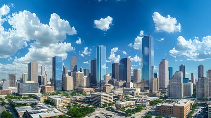 Naklejka premium Glass skyscrapers in city skyline under sun high resolution picture