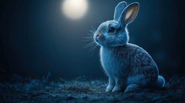A serene Easter bunny silhouette is beautifully illuminated by the soft glow of a full moon in a dark night scene, creating a magical and peaceful Easter atmosphere.