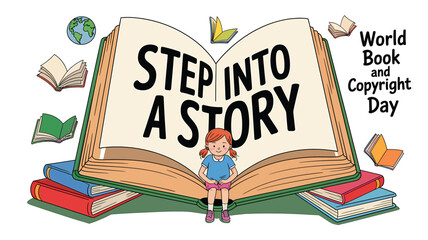 World Book and Copyright Day Concept Featuring Open Books, Light Bulb, Quill Pen, Copyright Symbol, and Reading Elements in Flat Vector Style – Celebrating Literature, Creativity, and Intellectual Pro