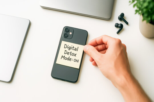 Digital Detox Mode On Sticky Note On Smartphone. Concept Of Mindful Tech Use, Offline Balance, Wellbeing Lifestyle, Calm Desk Aesthetic, And Minimalist Habits For Mental Recharge Visuals