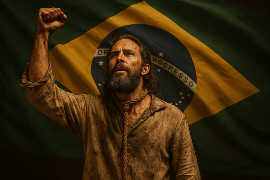Tiradentes Raising Fist in Front of Brazilian Flag &ndash; April 21 National Holiday Tribute