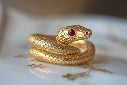 A unique snake-shaped gold ring with ruby eyes, coiled on a white porcelain surface for a dramatic effect.