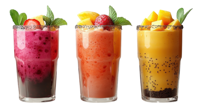 Three colorful fruit smoothies with berries and mango, set against a white background