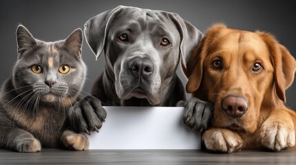 Obraz premium Variety of pets featuring a cat and two dogs leaning over a blank banner for web use in a neutral setting