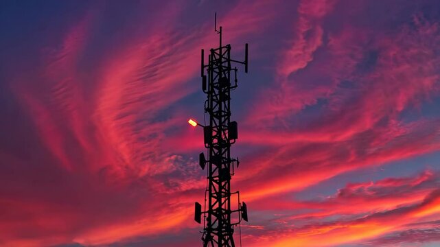 Vibrant sunset behind cellular tower transition from golden to crimson skies captured in changing light spectrum