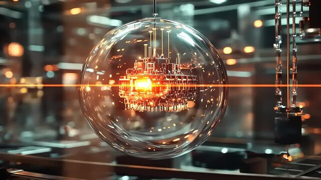 Futuristic quantum computer core within a glass sphere, glowing amidst a high-tech lab setting