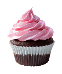 Irresistible chocolate cupcake with pink frosting isolated on transparent background, png