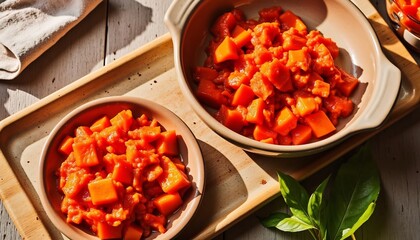 Delicious Butternut Squash Dish In Bowls On A Wooden Surface With Basil
