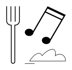 Fork, musical note, and abstract cloud arranged as bold outlines in minimalist style. Ideal for food, music, creativity, simplicity, modern aesthetics fusion concepts ideas. Flat simple metaphor