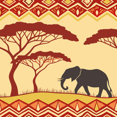 Fototapeta premium Seamless pattern design created with colors and animal and plant images specific to the African continent