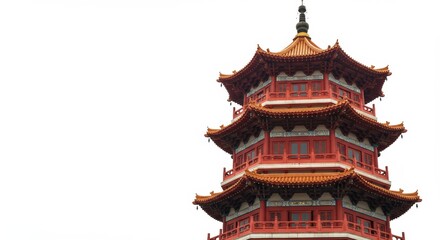 Fototapeta premium Striking vermilion pagoda against a pristine white void demonstrating architectural grace
