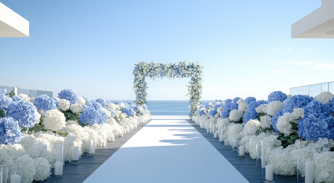 A stunning beachside wedding ceremony adorned with vibrant blue and white hydrangeas.