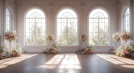 Naklejka premium A sun-drenched, elegant room adorned with floral arrangements.
