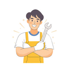 Fototapeta premium A cheerful mechanic wearing a yellow overall and gloves, confidently holding a wrench. The illustration radiates positivity and professionalism in a DIY or repair setting.