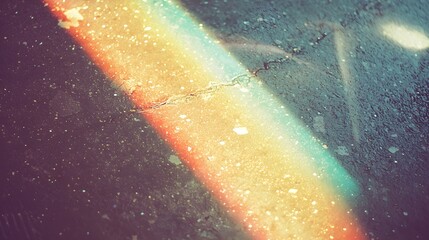 A vibrant rainbow light streak illuminates a textured dark surface with cracks.