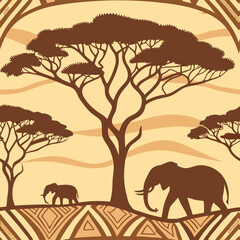 Obraz premium Seamless pattern design created with colors and animal and plant images specific to the African continent