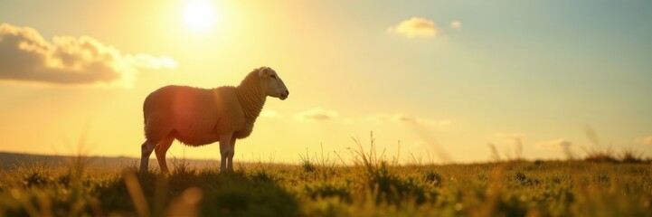 Obraz premium Profile silhouette of a sheep grazing in the pasture under sunny sky , sheep, animals