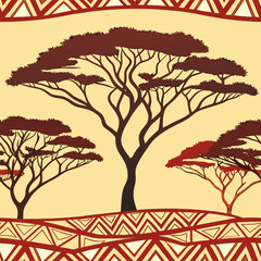 Seamless pattern design created with colors and animal and plant images specific to the African continent