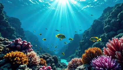 Fototapeta premium School of fish swimming near coral reef, fish, coral reef