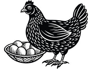 White hen with eggs and a cute rooster are isolated farm poultry illustrations
