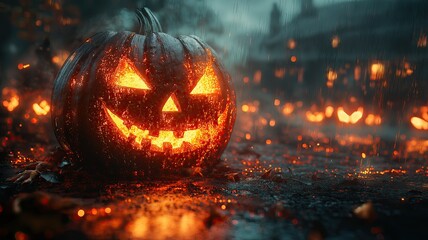 Naklejka premium Glowing Halloween Jack O'Lantern In The Rain At Night