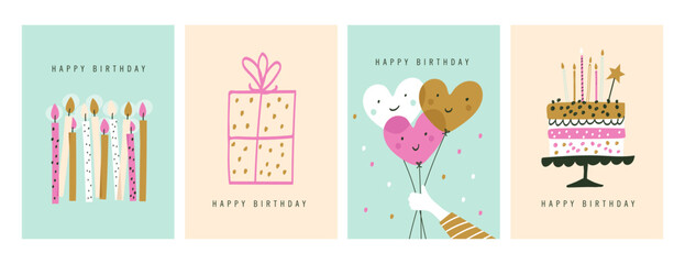 Set of Happy birthday greeting card with cake, candle, balloons and party decorations. Holiday postcards. Flat vector © 210484kate