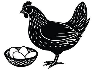 Vector cartoon illustration shows an isolated black silhouette of a hen and rooster, common farm poultry birds