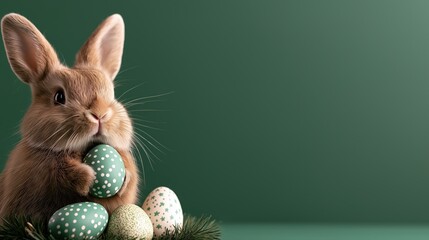 Cute happy Easter greeting card featuring a rabbit with colorful eggs and a blank text space