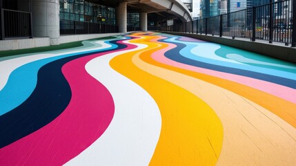 Obraz premium Bold liquid waves in contrasting colors movement captured modern urban setting dramatic shadows high-angle shot, Realistic Photo