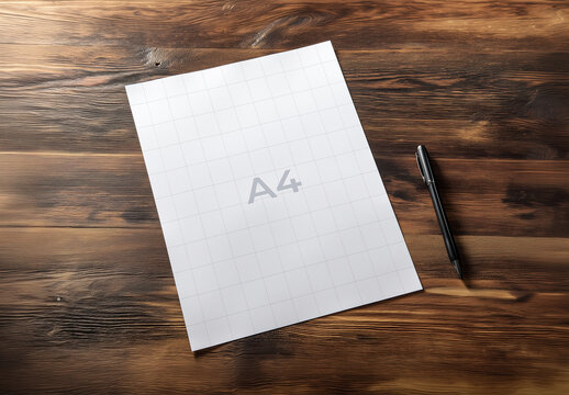 Top View A4 Paper Mockup on Rustic Desk