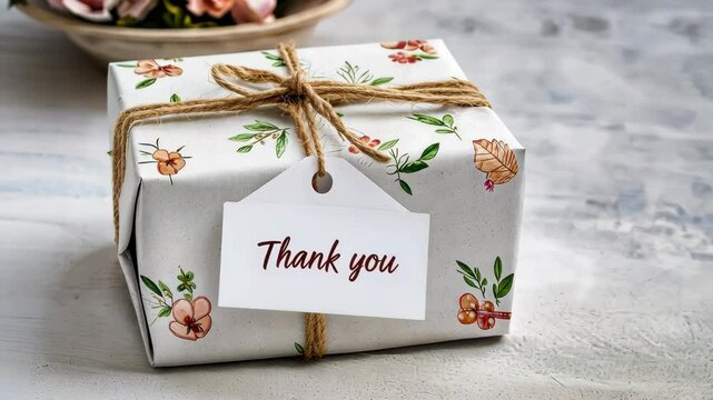 Elegant Valentine's Day thank you card and gift concept. A beautifully wrapped gift with a "Thank you" tag, adorned with floral patterns and tied with twine.