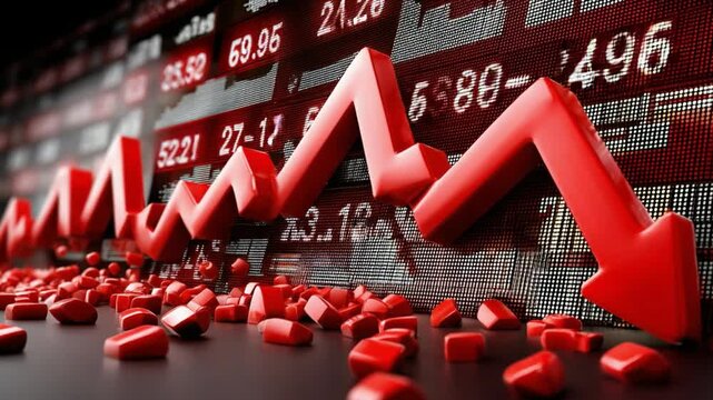 Market Downturn Visualization: A striking visual representation of financial distress, featuring a bold red downward arrow against a backdrop of falling data points and financial symbols.