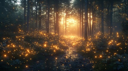 Enchanted Forest Pathway Illuminated by Countless Golden Fireflies Lights