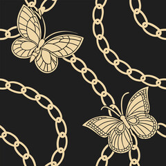 Fashion design made with gold colored chain jewelry seamless pattern on a black background