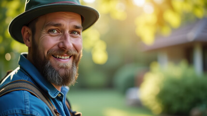 A bearded man smiles in a natural setting, illuminated by the warm light of the sunset. It represents rural tourism. Portrait of a smiling man outdoors wearing a hat in a rustic style in front of