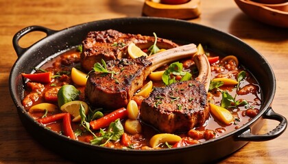 Roasted Pork Chops With Tomato Sauce Lemon And Fresh Herbs In Skillet