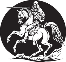 Fototapeta premium Shadows of the Past The Ominous Tale of Hooded Death and Its Skeleton Horse