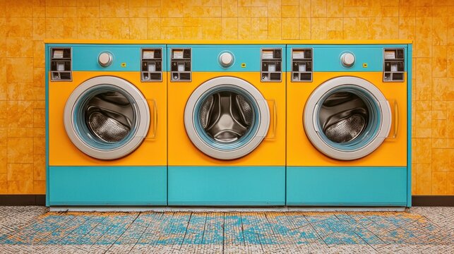 A vibrant banner showcasing three retro-styled teal and orange washing machines in a self-service laundromat, perfect for a vintage laundry business advertisement or website.