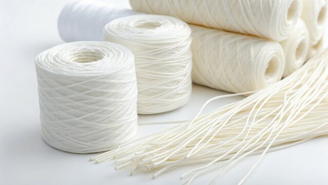 Large collection of white floss threads arranged neatly on a white background for crafting and sewing projects